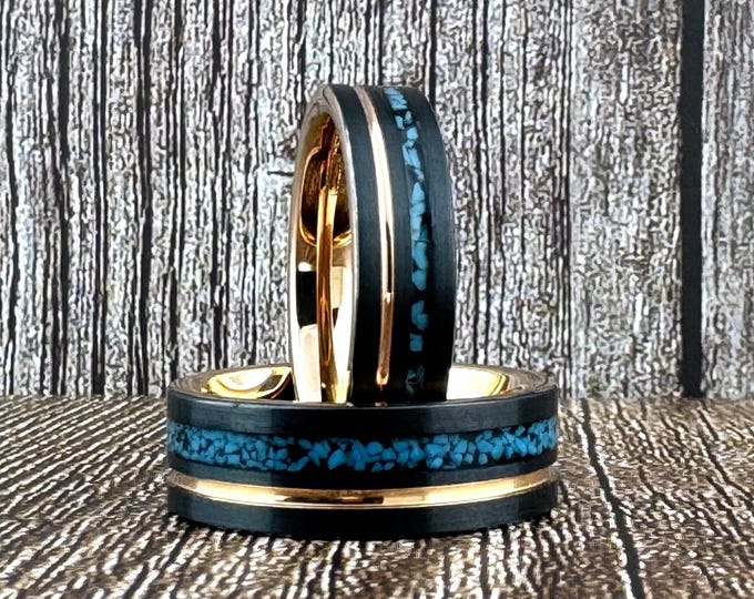 Black Wedding Band with Turquoise Inlay and Rose Gold Groove, Rose Gold and Black Tungsten Ring for Men Women, 6MM 8MM, Black and Turquoise