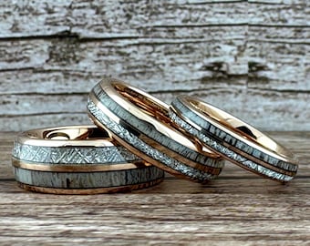 Rose Gold Deer Antler Meteorite Tungsten Ring Wedding Band for Men Women. Available in 4mm, 6mm and 8mm. Sizes 4 to 15, half sizes available