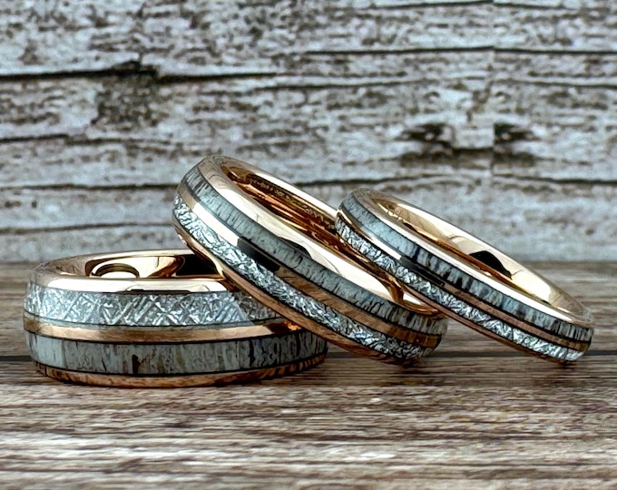 Rose Gold Deer Antler Meteorite Tungsten Ring Wedding Band for Men Women. Available in 4mm, 6mm and 8mm. Sizes 4 to 15, half sizes available