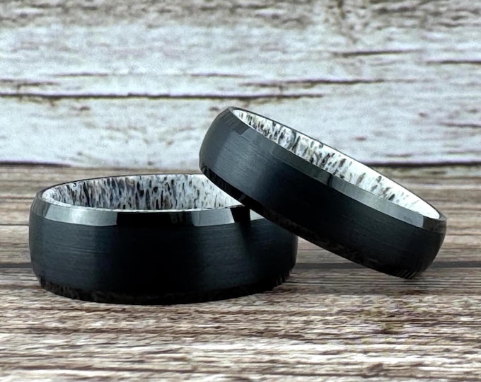 Black Tungsten Ring Wedding Band with Deer Antler Interior for Men and Women. Half Sizes available 4 to 15 in 6mm and 8mm.