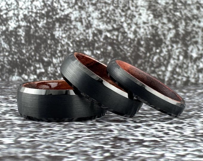 Black Tungsten Ring and Wood Inside, Black Ring Wedding Band for Men Women, Black Obsidian Tungsten and Wood Wedding Band for Him or Her