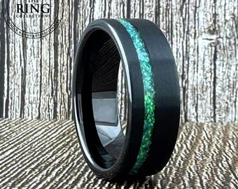 8MM Black Ring Wedding Band with Green Opal Inlay, Black Obsidian Tungsten Ring with Green Opal, Tungsten Opal Ring Men Women, Valentines