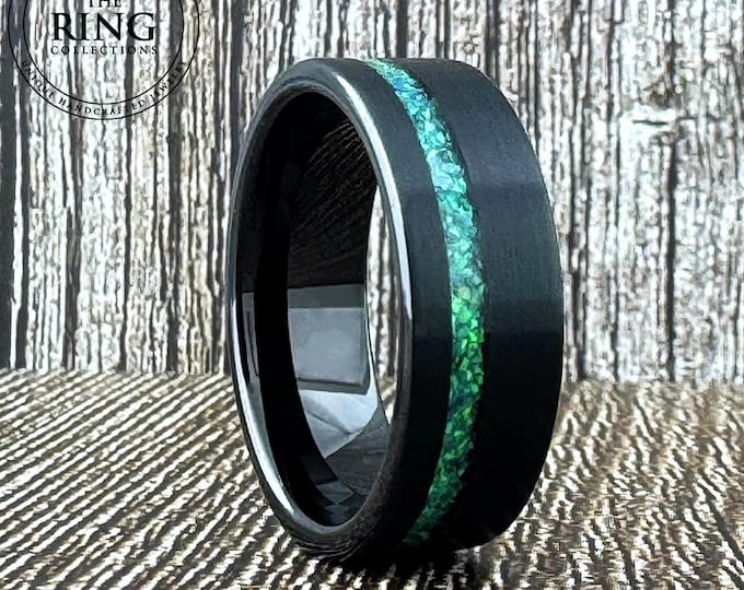 8MM Black Ring Wedding Band with Green Opal Inlay, Black Obsidian Tungsten Ring with Green Opal, Tungsten Opal Ring Men Women, Valentines