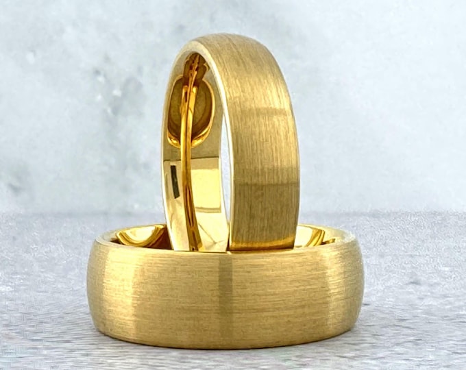 Gold Tungsten Ring for Men Women, 4MM 6MM 8MM, Brushed Gold Wedding Band, Domed Gold Tungsten Wedding Band, Anniversary Gift