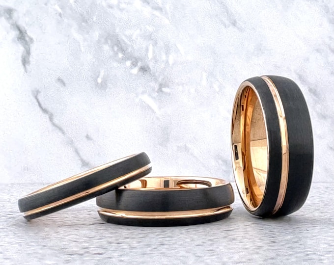 Black Tungsten Carbide Ring Wedding Band with Rose Gold Groove and Inside for Men or Women, Domed Matte Brushed Surface, Half Size Available