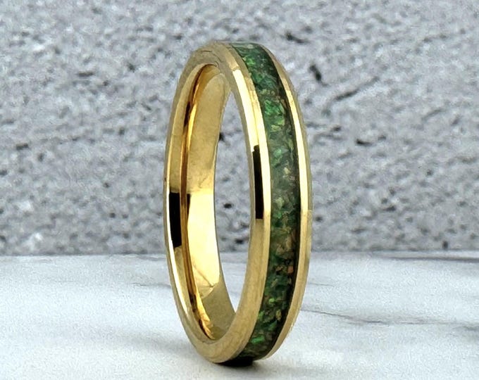 Gold Tungsten Ring with Opal Inlay, Gold Tungsten Wedding Band, 4mm Tungsten Wedding Band, Crushed Light Green Opal Ring, Opal Wedding Band