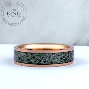 Moss Agate Wedding Band Men Women, Rose Gold Wedding Band Men, 6MM Green Moss Agate Band, Anniversary Gift, Engagement Ring, Promise Ring