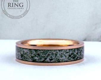 Moss Agate Wedding Band Men Women, Rose Gold Wedding Band Men, 6MM Green Moss Agate Band, Anniversary Gift, Engagement Ring, Promise Ring
