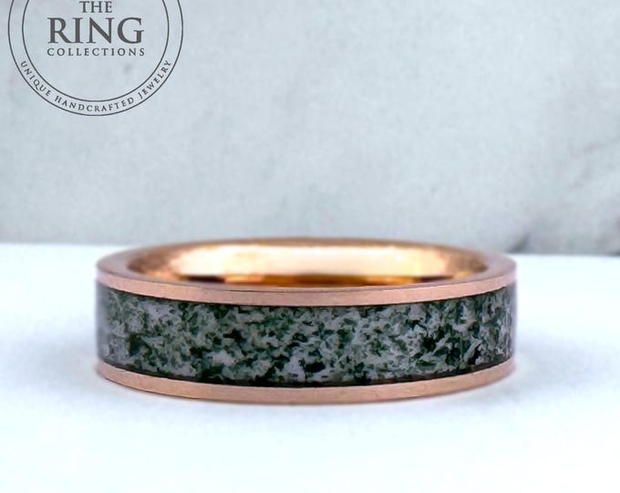Moss Agate Wedding Band Men Women, Rose Gold Wedding Band Men, 6MM Green Moss Agate Band, Anniversary Gift, Engagement Ring, Promise Ring
