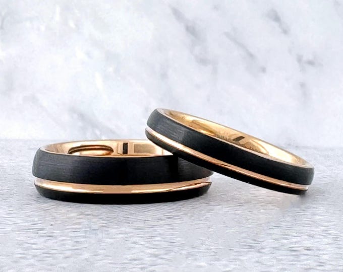Black Tungsten Carbide Ring Wedding Band with Rose Gold Groove and Inside for Men or Women, Domed Matte Brushed Finish, Half Size Available