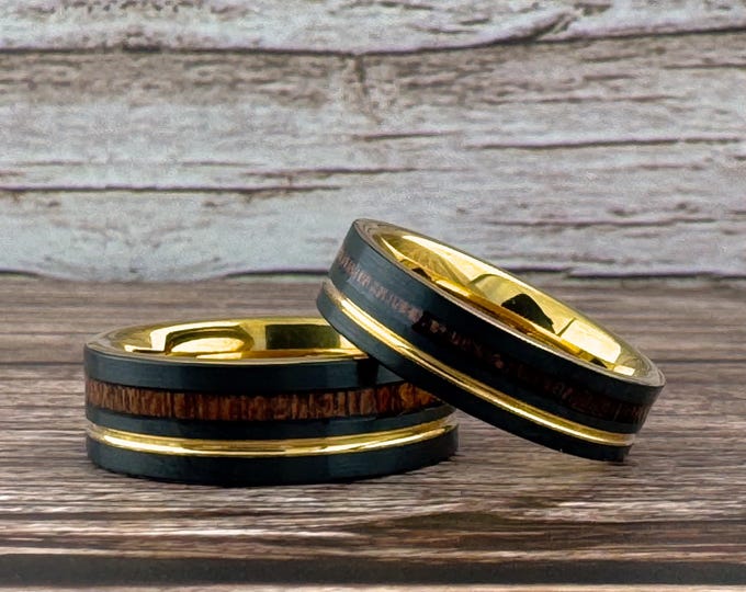 Black Tungsten Band with Wood Inlay and Gold Strip, Black Wedding Band for Men Women, Black Tungsten Ring for Men Women, 6MM 8MM, Black Ring
