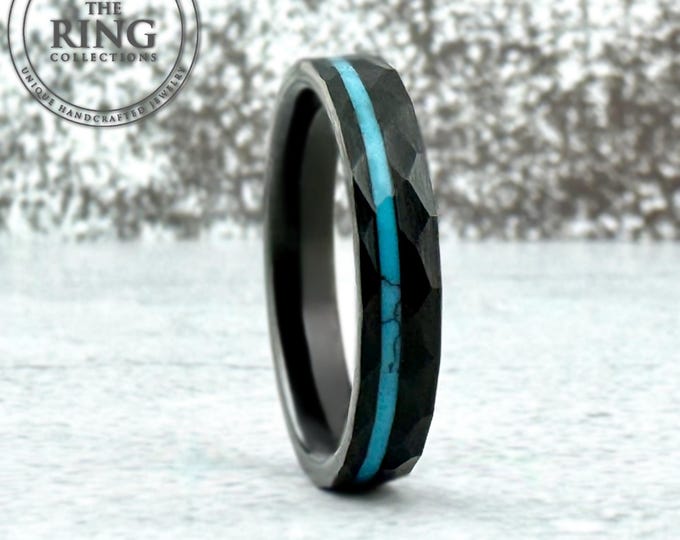 Black and Turquoise Hammered Tungsten Ring for Men Women, Black Obsidian Wedding Band, Black Obsidian Natural Turquoise Ring, 8mm 6mm 4mm
