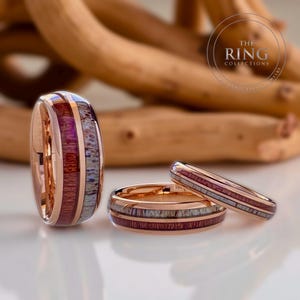 Rose Gold Tungsten Wedding Band with Deer Antler and Koa Wood Inlay Engagement Ring
