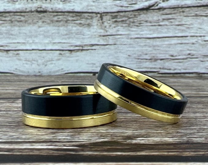 Black and Gold Tungsten Carbide Ring Wedding Band for Men Women, Available in 4MM 6MM 8MM and Half Sizes
