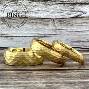 Gold Hammered Ring for Men Women, Gold Tungsten Band Men, Gold Wedding Band for Men Women, Anniversary Gift Engagement Ring 4MM 6MM 8MM