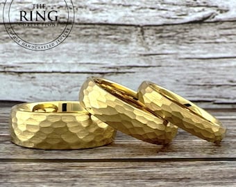 Gold Hammered Ring for Men Women, Gold Tungsten Band Men, Gold Wedding Band for Men Women, Anniversary Gift Engagement Ring 4MM 6MM 8MM