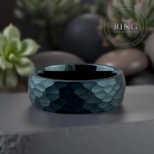 Black Hammered Tungsten Ring, Men Women Wedding Band Set, Comfort Fit image 5