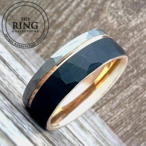 4mm 6mm 8mm Black Rose Gold Tungsten Ring for Men Women, Black Obsidian Hammered Wedding Band Ring for Men, Black Tungsten Wedding Band Men