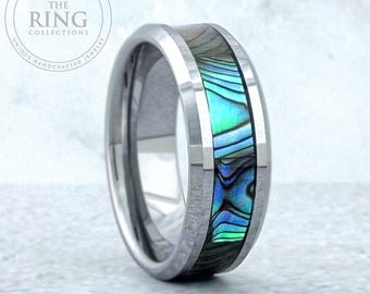 Abalone Ring Men Women Silver Wedding Band Tungsten Carbide Gray Polished Beveled Finish