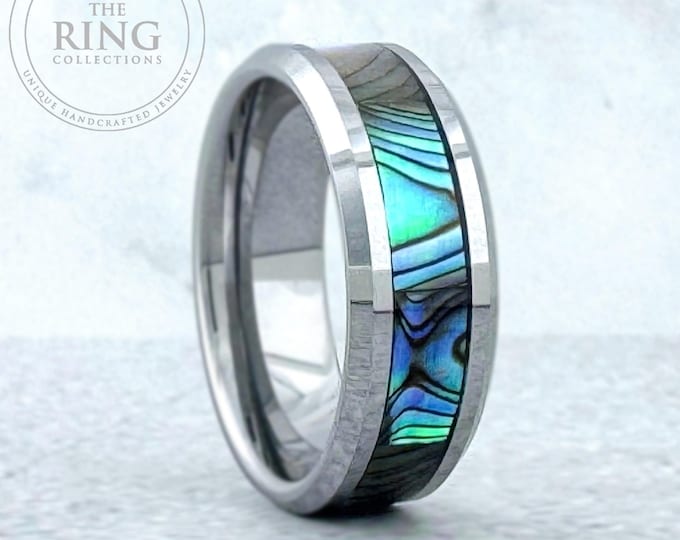 Abalone Ring Men Women Silver Wedding Band Tungsten Carbide Gray Polished Beveled Finish