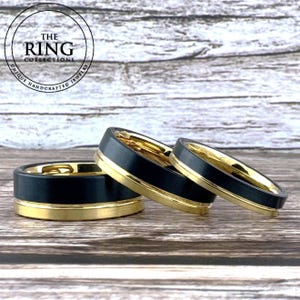 Black and Gold Tungsten Wedding Band Ring for Men Women, Modern Gold Wedding Band Men, Black Obsidian Ring, Proposal Ring, Anniversary Gift
