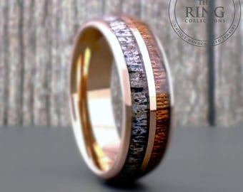 Rose Gold Tungsten Ring Wedding Band with Deer Antler and Koa Wood for Men and Women. Half Sizes available 4 to 15 in 6mm and 8mm.