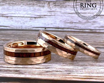 Rose Gold Hammered Tungsten Ring, Wood Inlay, 4MM, 6MM, 8MM, Comfort Fit, Size 4  to 15, Rose Gold Wedding Band Men Women, Wood Ring Band