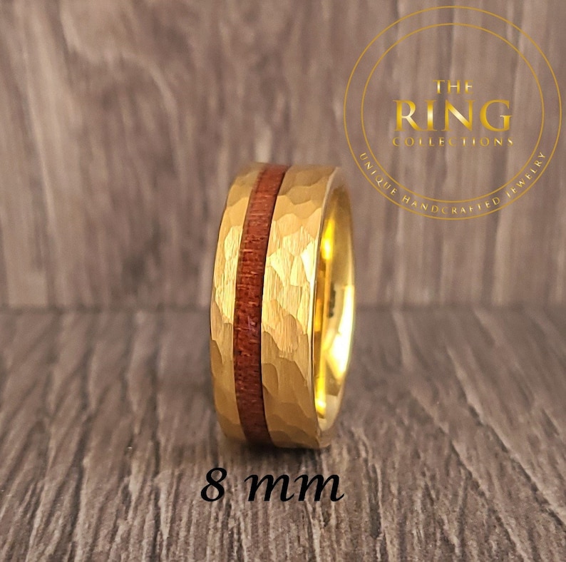 Gold Hammered Tungsten Ring for Men Women, Gold Tungsten Ring with Wood Inlay, Gold Wedding Band for Men Women, Gold Wood Ring Band for Men image 3