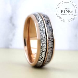 Deer Antler Meteorite Rose Gold Tungsten Band Ring for Men Women, Rose Gold Wedding Band, Tungsten Ring Band, Meteorite Deer Antler Inlay
