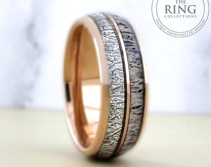 Deer Antler Meteorite Rose Gold Tungsten Band Ring for Men Women, Rose Gold Wedding Band, Tungsten Ring Band, Meteorite Deer Antler Inlay