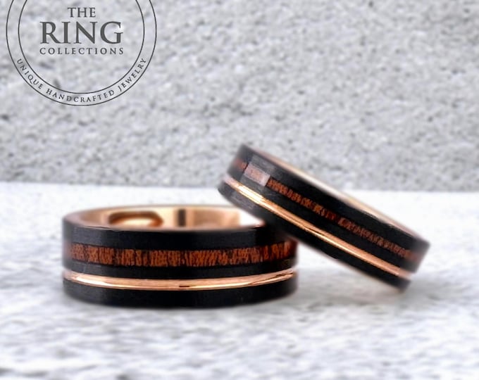 Black Wedding Band with Wood Inlay and Rose Gold Groove, Rose Gold and Black Tungsten Ring for Men Women, 6MM 8MM, Black Wood Ring Band Men