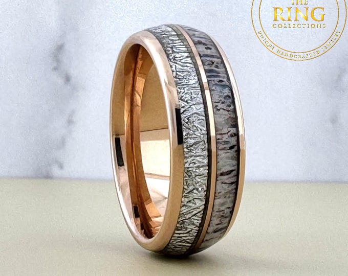 Deer Antler Meteorite Rose Gold Tungsten Band Ring for Men Women, Rose Gold Wedding Band, Tungsten Ring Band, Meteorite Deer Antler Inlay