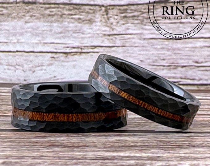 Hammered Black Tungsten Ring: Koa Wood Inlay, Comfort Fit (4mm 6mm 8mm)