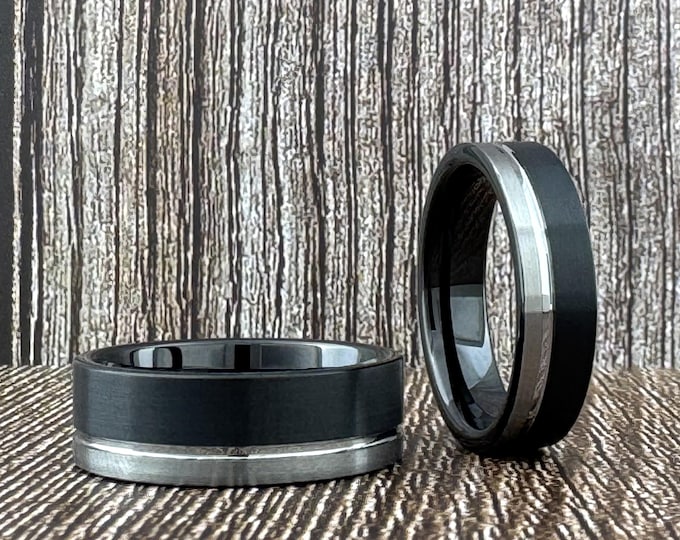 Black and Silver Tungsten Carbide Ring Wedding Band with Gray Groove for Men Women, Available in 6MM and 8MM. Half Sizes 4 to 15 available