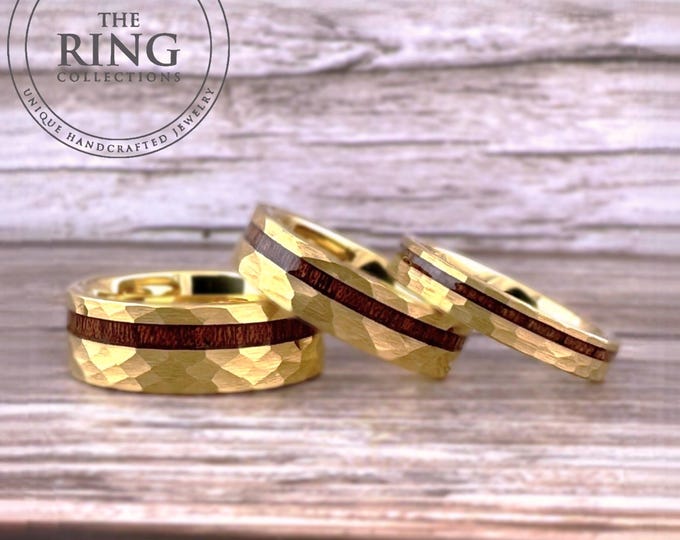 Gold Hammered Tungsten Ring for Men Women, Gold Tungsten Ring with Koa Wood, Gold Wedding Band Men Women, Gold Koa Wood Ring, Anniversary