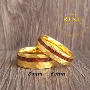 Gold Hammered Tungsten Ring for Men Women, Gold Tungsten Ring with Wood Inlay, Gold Wedding Band for Men Women, Gold Wood Ring Band for Men image 2