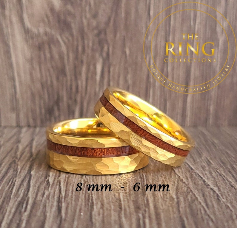 Gold Hammered Tungsten Ring for Men Women, Gold Tungsten Ring with Wood Inlay, Gold Wedding Band for Men Women, Gold Wood Ring Band for Men image 2