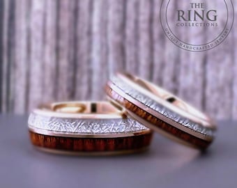 Rose Gold Tungsten Wedding Band Ring with Wood and Meteorite Inlay for Men Women, 4MM 6MM 8MM, Half Sizes Available, Domed, Comfort Fit