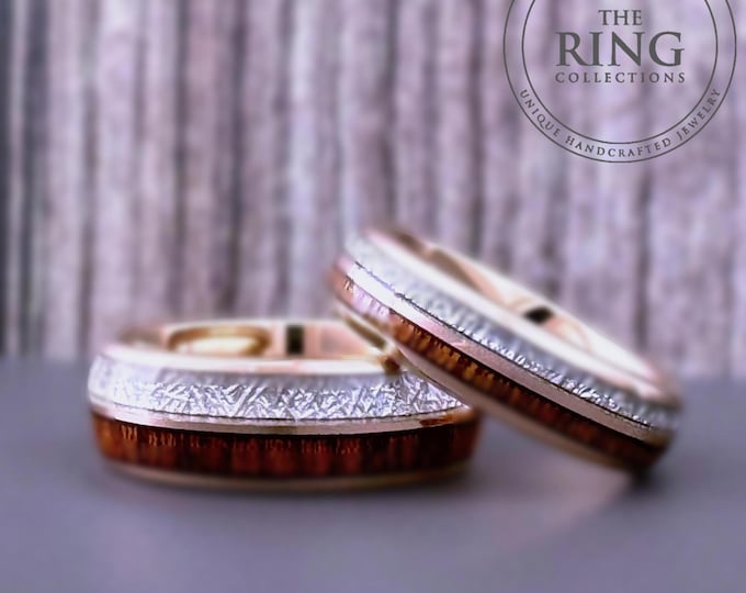 Rose Gold Tungsten Wedding Band Ring with Wood and Meteorite Inlay for Men Women, 4MM 6MM 8MM, Half Sizes Available, Domed, Comfort Fit