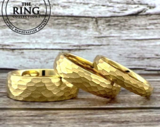 Gold Hammered Ring for Men Women, Gold Tungsten Band Men, Gold Wedding Band for Men Women, Anniversary Gift Engagement Ring 4MM 6MM 8MM