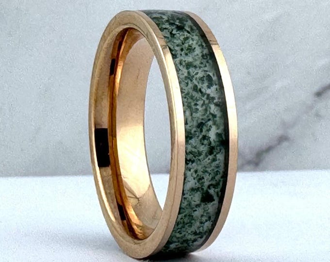 Moss Agate Rose Gold Tungsten Ring Wedding Band for Men Women, 6MM Green Moss Agate Band, Rose Gold Wedding Band Men, Couples Wedding Band