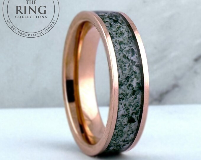 Moss Agate Ring, 6MM Green Moss Agate Wedding Band, Rose Gold Wedding Band Men, Couples Wedding Band, Gift for Him Her, Unique Wedding Band