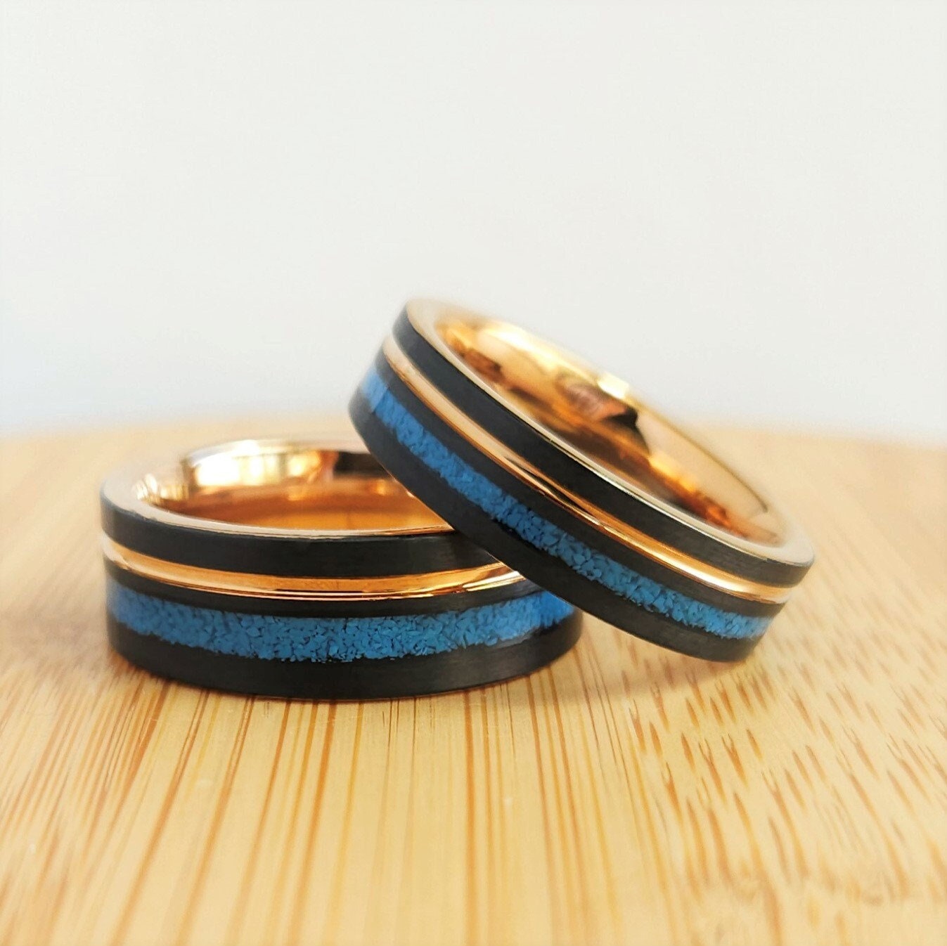 Black Rose Gold Turquoise Ring Wedding Band for Men Women Black and Rose Gold Ring with Turquoise Inlay 6MM 8MM Black and Turquoise Band