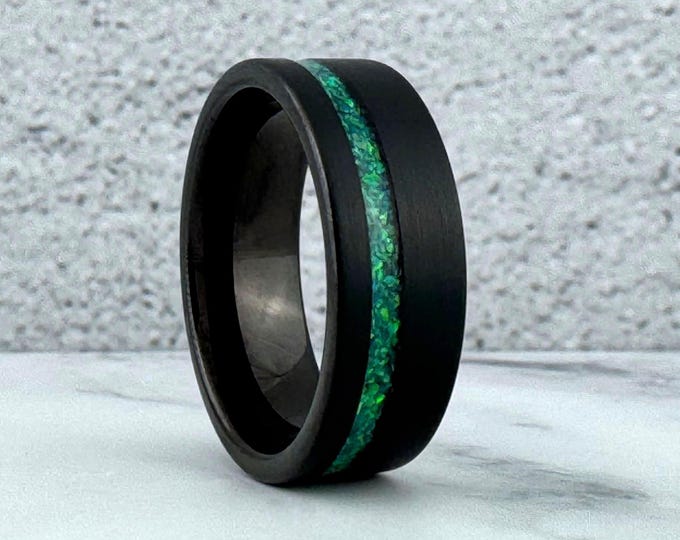 Black Tungsten Ring Band with Green Opal Inlay, Black Obsidian Tungsten Ring Green Opal, 8MM Tungsten Opal Wedding Band Ring for Men Women