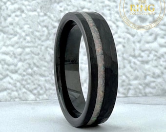 Black Hammered Ring Crushed White Fire Opal 6mm Tungsten Wedding Band Men Women Unique Anniversary Ring Gift Personalized Engagement Ring