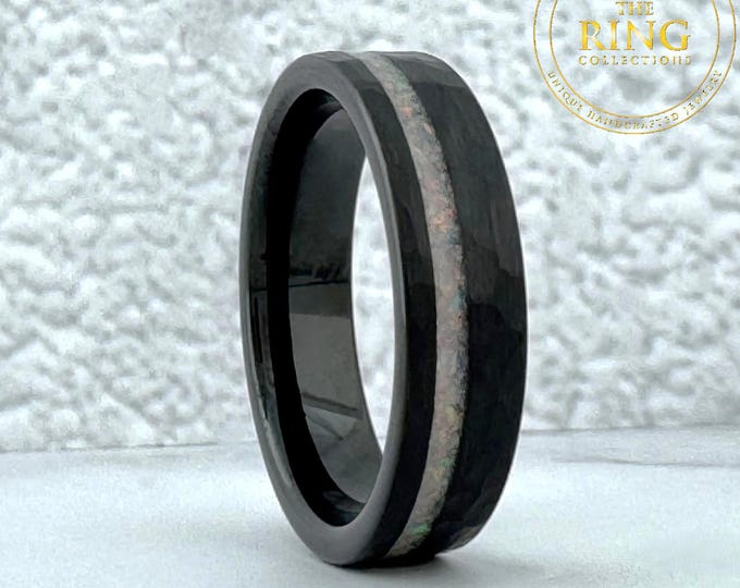Black Hammered Ring Crushed White Fire Opal 6mm Tungsten Wedding Band Men Women Unique Anniversary Ring Gift Personalized Engagement Ring
