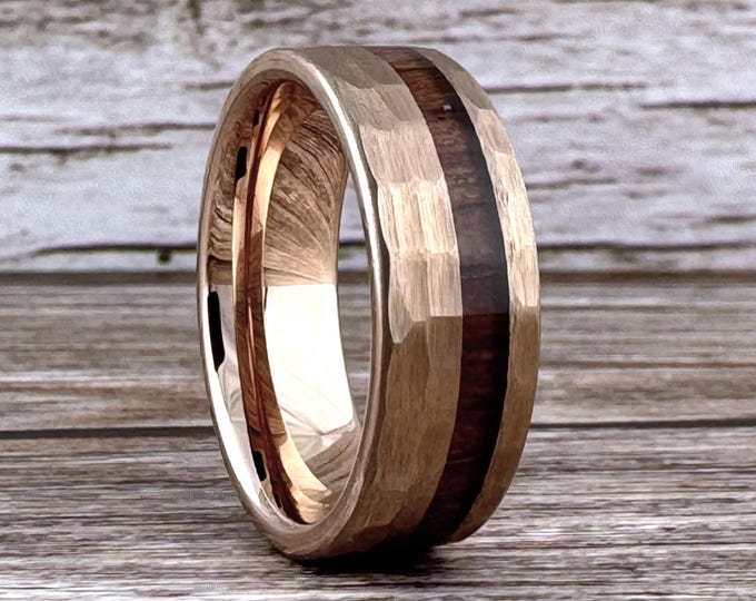 Rose Gold Hammered Wedding Band for Men Women, Tungsten Ring with Wood Inlay, 4MM, 6MM, 8MM, Tungsten Wedding Band Men Women, Wood Ring Band