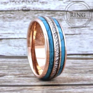 Men Women Turquoise Meteorite Couple Ring His Hers Rose Gold Wedding Band Tungsten Carbide Anniversary Engagement Proposal Gift Him Her Ring