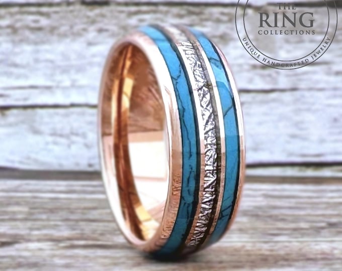 Rose Gold Turquoise and Meteorite Tungsten Ring Wedding Band for Men Woman. 8mm and/or 6mm in Sizes 5 to 15, half sizes available