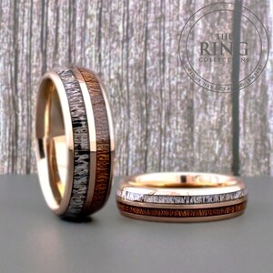 Rose Gold Tungsten Wedding Band: Deer Antler & Koa Wood Inlay